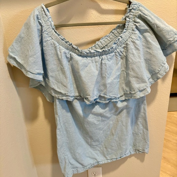 Mudpie Ruffle Off-the-Shoulder Blue Mini Dress or Tunic Top - Size Medium - Picture 2 of 6